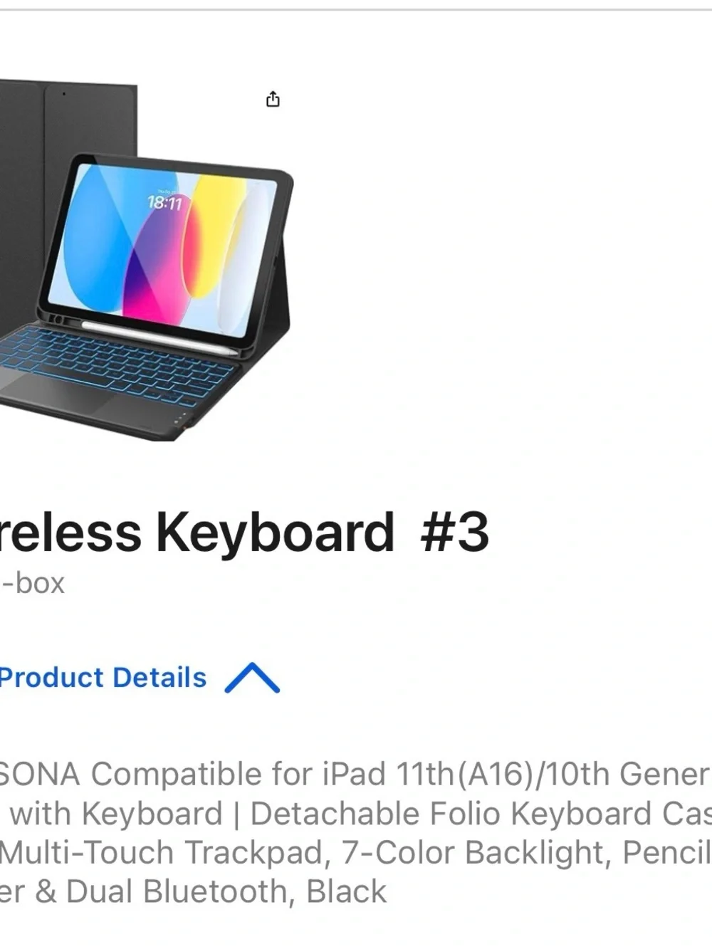 3 Available Wireless Keyboard Folio Case for Tablet - Black